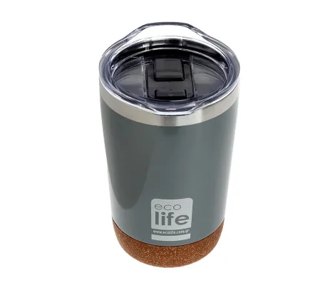 Ανοξείδωτο θερμός Ecolife Light Grey Coffee thermos 370ml με διάφανο καπάκι | Back to School στο Fatsules