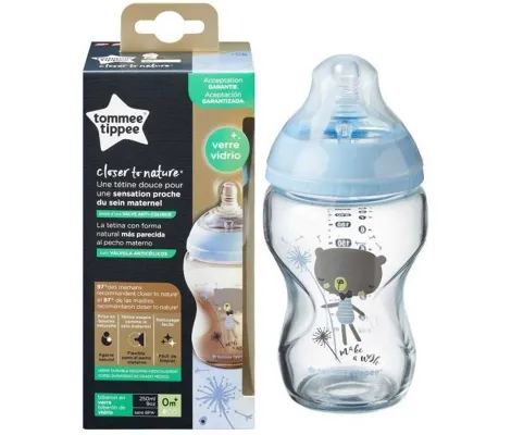 Γυάλινο μπιμπερό 250ml Tommee Tippee Closer to Nature Μικρής Ροής Γαλάζιο με σχέδιο | Μπιμπερό - Θηλές στο Fatsules