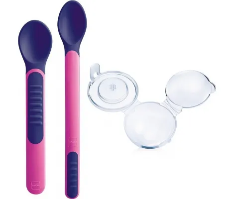 Mam θερμοευαίσθητα κουταλάκια με Θήκη Heat Sensitive Spoons & Cover 6+ Μηνών Pink | Σετ Φαγητού - Μπολ - Κουταλάκια στο Fatsules